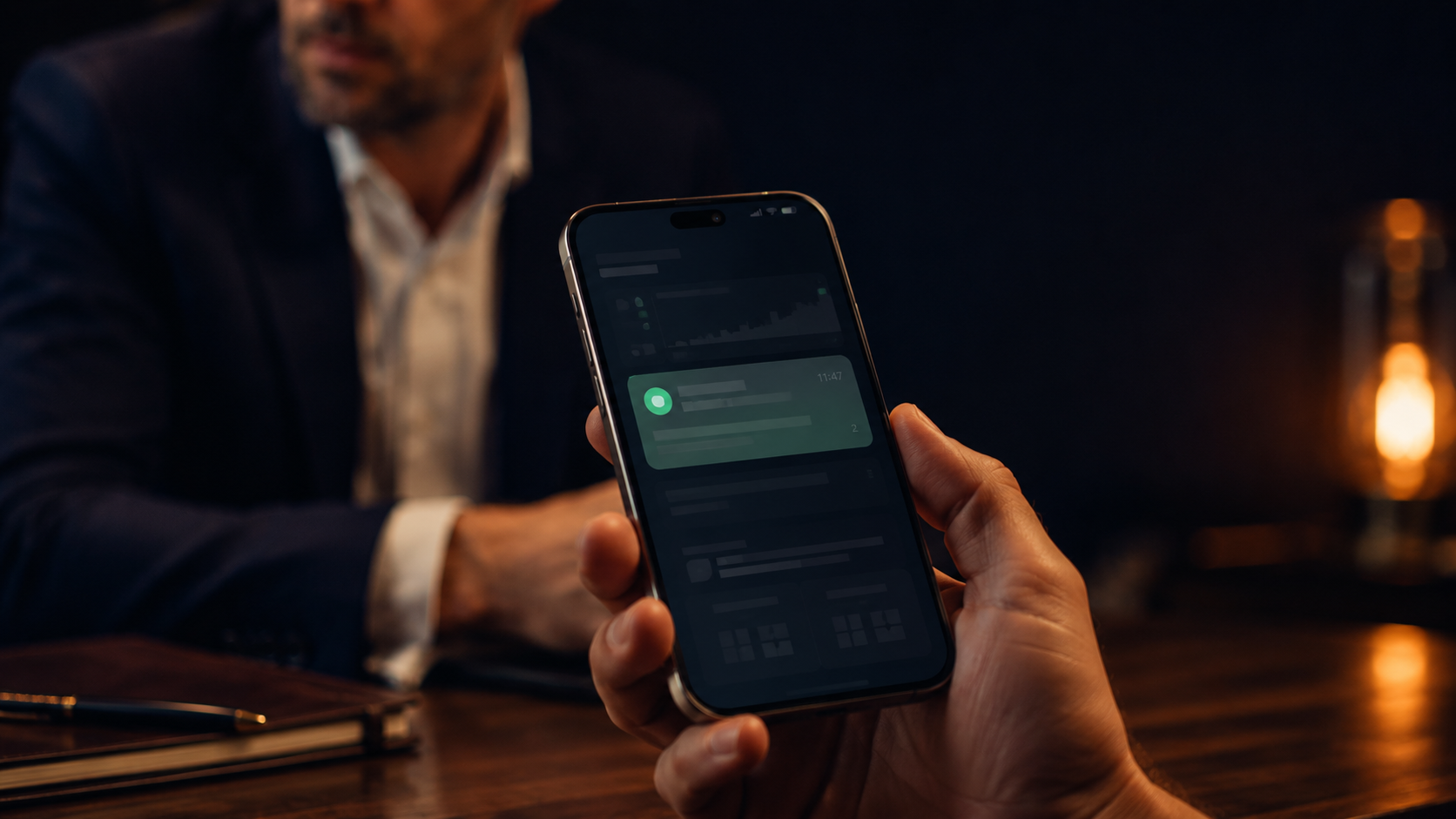 Vertriebler checkt eingehende WhatsApp-Lead-Benachrichtigung am iPhone